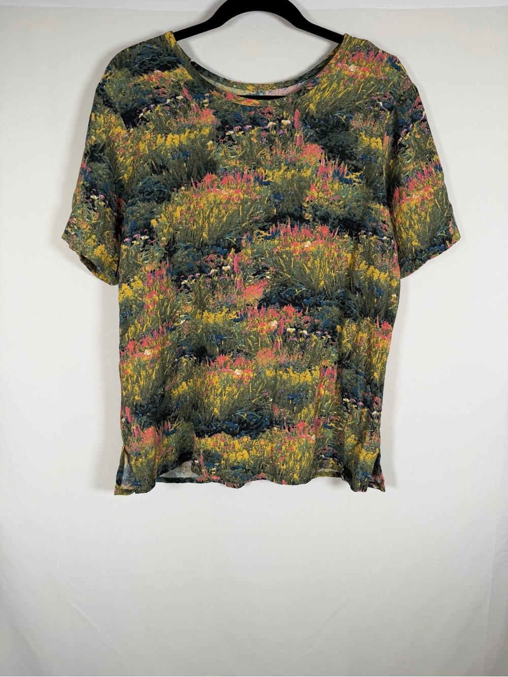Flax Short Sleeve Meadow Print Tee in Green, Yellow & Pink